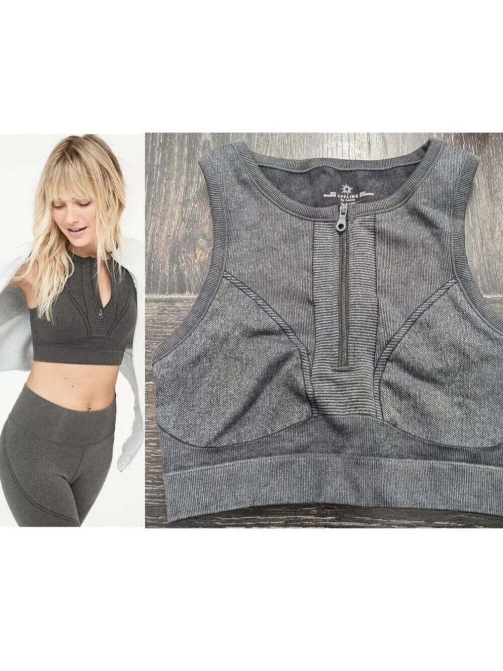 Offline by aerie | Seamless Zip Front Sports Bra in Smoked Gray